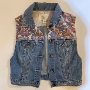 Lightly Distressed Denim Vest w/ Floral Insert